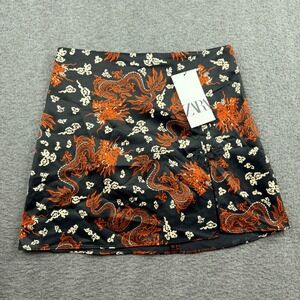 Zara Dragon Print Satin Mini Skirt S Small Black Orange Frog Button 8388/057 NWT
